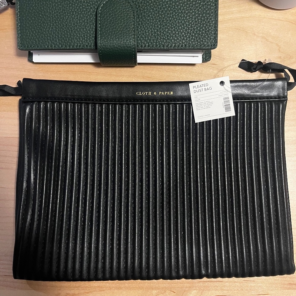 NWT Cloth and Paper Pleated Vegan Leather Black Dust Bag Pouch
